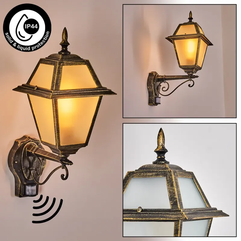 Fornelos Buitenlicht, Wandlamp voor buiten, Wandlamp Goud, Zwart, 1-licht, Bewegingsmelder Gecertificeerd