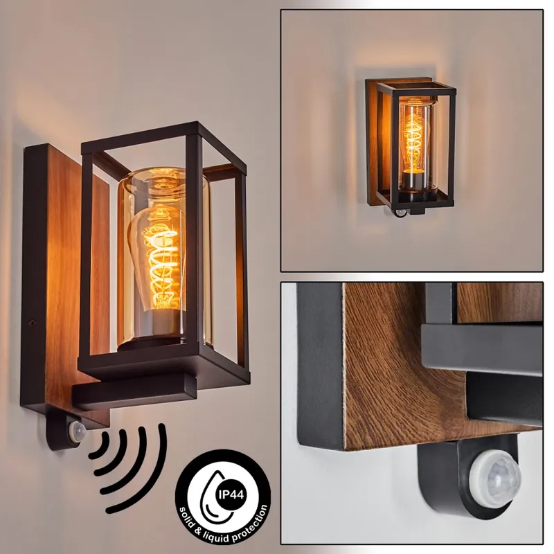 Seizoensaanbieding Portalis Wandlamp voor buiten Bruin, houtlook, Zwart, 1-licht, Bewegingsmelder
