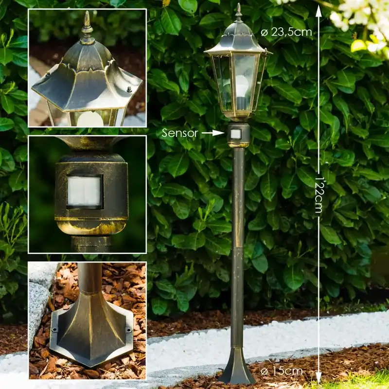 Nieuw Model Hongkong Buiten staande lamp Goud, Messing, 1-licht, Bewegingsmelder