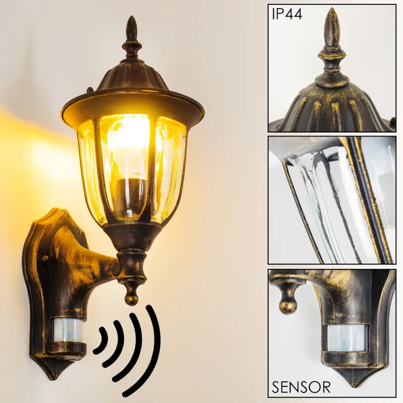 Bestel Nu Ribadeo Buiten muurverlichting Zwart-Goud, 1-licht, Bewegingsmelder
