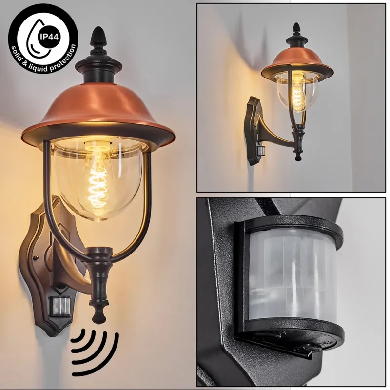 Gascon Wandlamp voor buiten, Wandlamp Koperkleurig, Zwart, 1-licht, Bewegingsmelder Gratis Retour