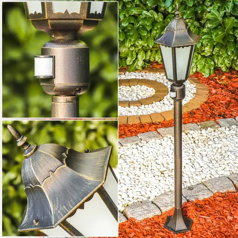 Seizoensaanbieding Hongkong Frost Buiten staande lamp Bruin, Goud, 1-licht, Bewegingsmelder
