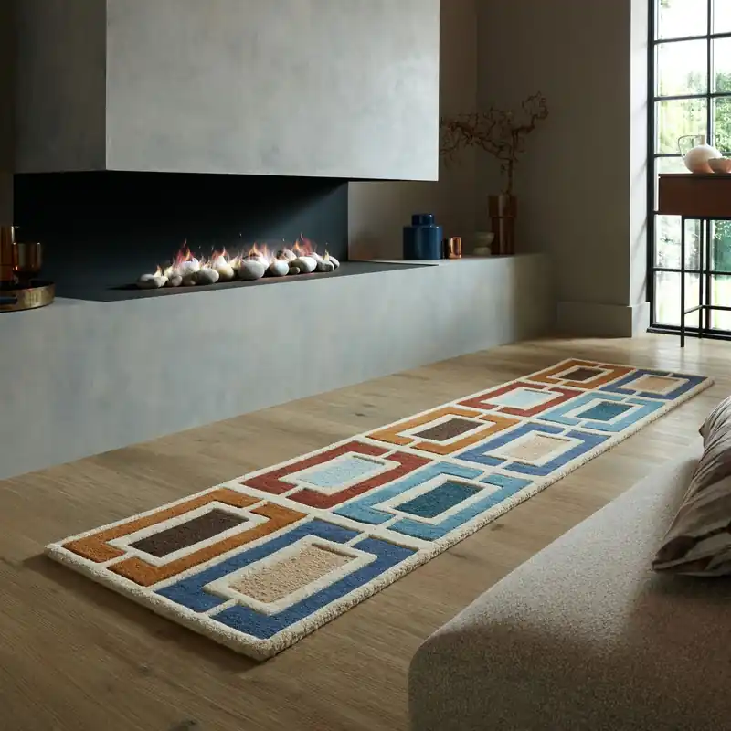Loper - Retro Vloerkleed Geblokt - Handgetuft Gekleurd - Blauw / Multi Rechtstreeks Van De Fabrikant