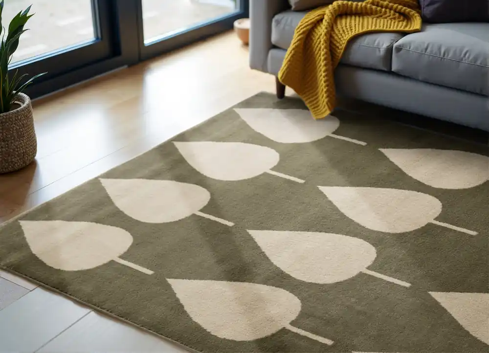 Handgemaakt Kindervloerkleed - Lovely Leaves Groen/Beige