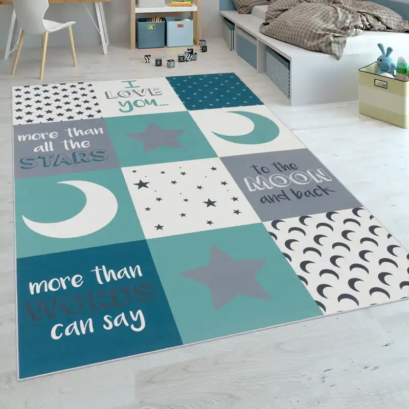 Kindervloerkleed - Aleris - Maan en ster - Turquoise Groothandel