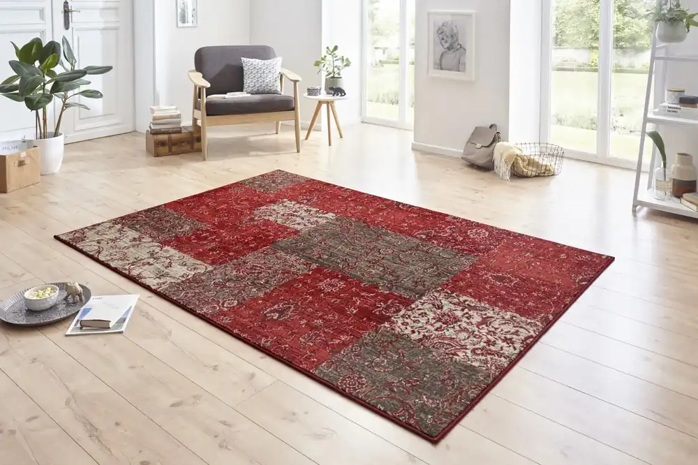Laatste Versie Vintage Patchwork Laagpolig vloerkleed - Kirie - Rood / Bruin