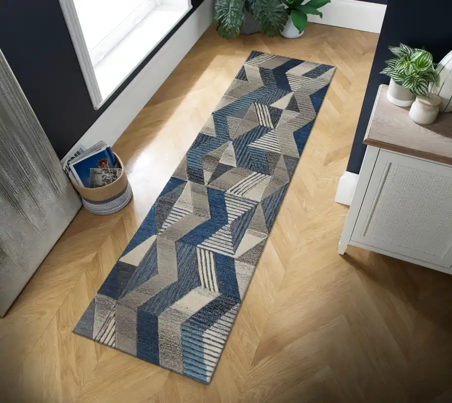 Gratis Verzending Loper - Asher Modern Laagpolig - 100% Wol - Geo - Blauw 60X230 Cm