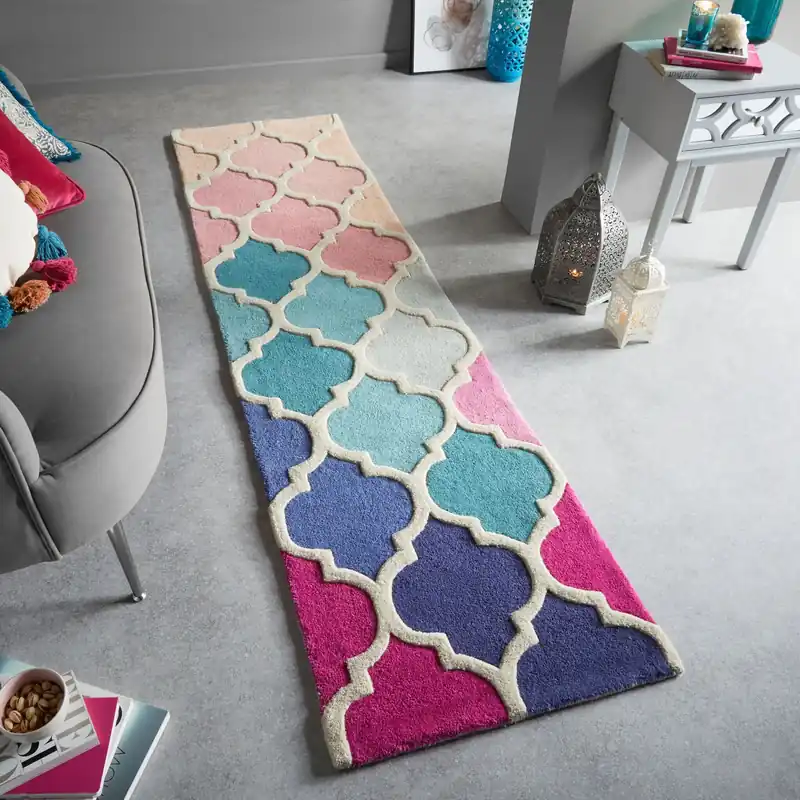 Laatste Kans Loper - Reverie Modern Laagpolig - 100% Wol - Barok Design - Roze / Blauw 60X230 Cm