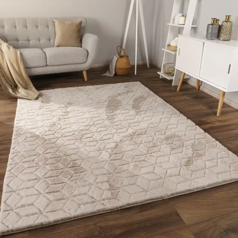 Handgemaakt Zacht fluffy vloerkleed - Arinzo Geo Beige
