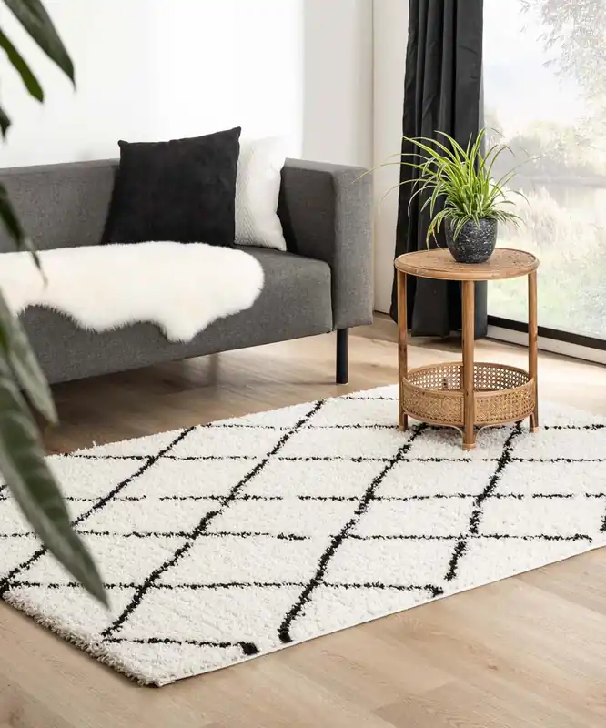 Betrouwbaar Hoogpolig vloerkleed ruiten Habitat – wit/zwart Black Friday-57%
