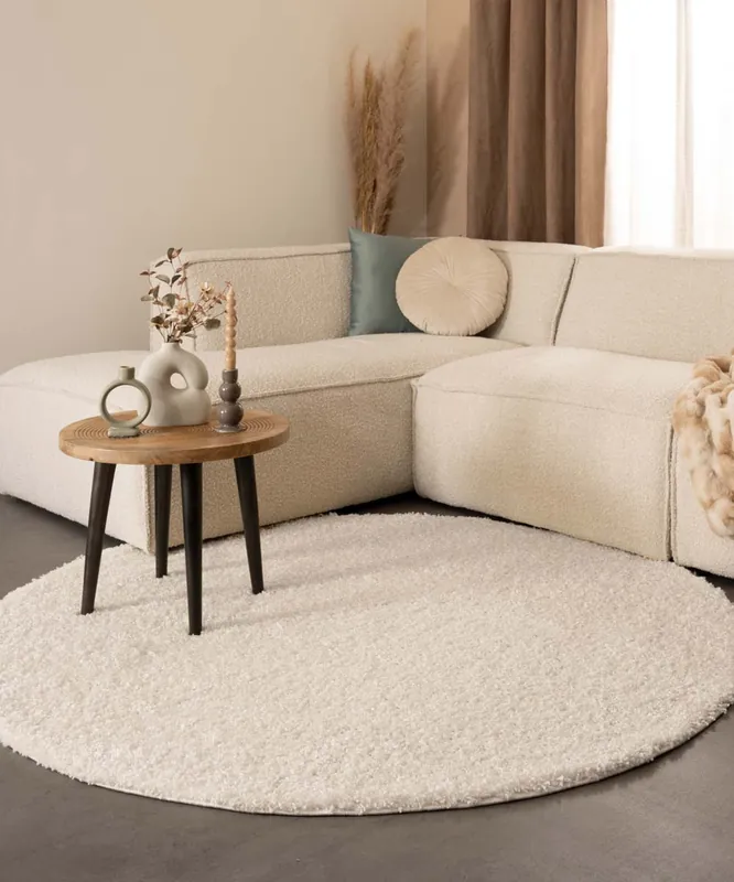 Shop Nu Rond hoogpolig vloerkleed shaggy Trend effen – ivoor -50%