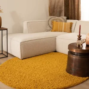 Rond hoogpolig vloerkleed shaggy Trend effen – okergeel -50% Authentiek