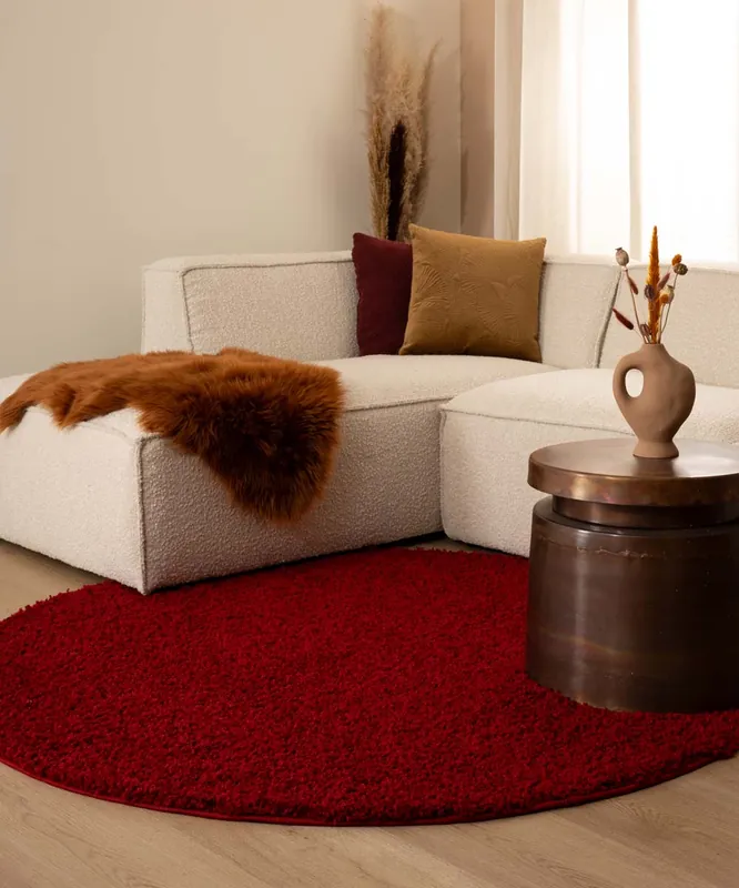 Hoogpolig vloerkleed shaggy Trend effen rond – rood -50% Koopje