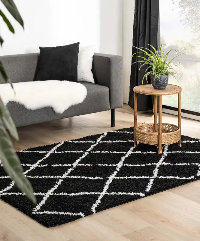 Direct Beschikbaar Hoogpolig vloerkleed ruiten Habitat – zwart/wit Black Friday-57%