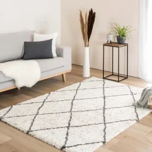 Hoogpolig vloerkleed geruit Artisan – wit/grijs Black Friday-58% Geld-Terug-Garantie