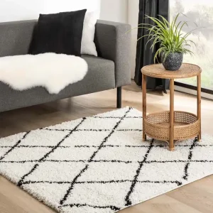 Vierkant hoogpolig vloerkleed ruiten Habitat – wit/zwart    Black Friday-37% Professioneel