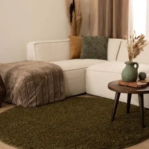 Rond hoogpolig vloerkleed shaggy Trend effen – olijfgroen -64% Weekendaanbieding