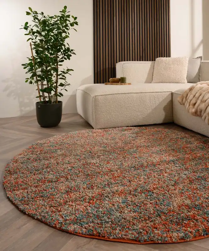 Nu Kopen Rond hoogpolig vloerkleed – Blend oranje/blauw Black Friday-34%