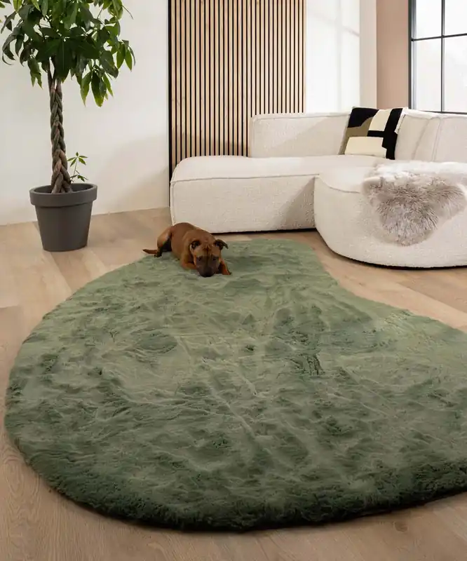 Seizoensaanbieding Fluffy vloerkleed organisch – Comfy Plus olijfgroen Black Friday-42%