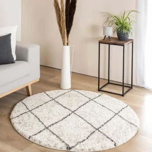 Rond hoogpolig vloerkleed geruit Artisan – wit/grijs    Black Friday-37% Populair
