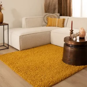 Vierkant hoogpolig vloerkleed shaggy Trend effen – okergeel    -47% Flitsaanbieding
