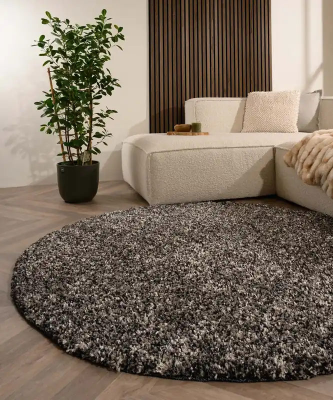 Rond hoogpolig vloerkleed – Blend zwart/grijs Black Friday-34% Handgemaakt