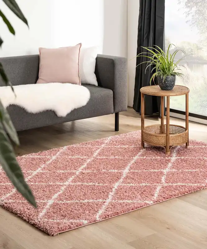 Aanbieding Hoogpolig vloerkleed ruiten Habitat – roze/wit Black Friday-57%