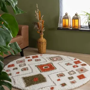 Rond hoogpolig vloerkleed bohemian Artisan – wit/multi    Black Friday-60% Topkwaliteit