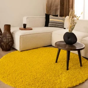 Rond hoogpolig vloerkleed shaggy Trend effen – geel -65% Seizoensaanbieding