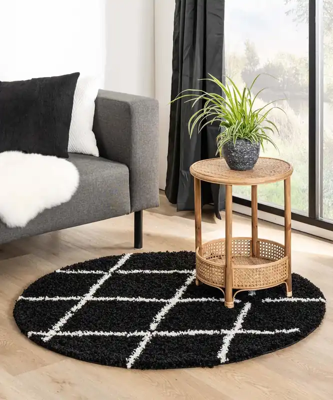 Exclusieve Aanbieding Rond hoogpolig vloerkleed ruiten Habitat – zwart/wit Black Friday-68%