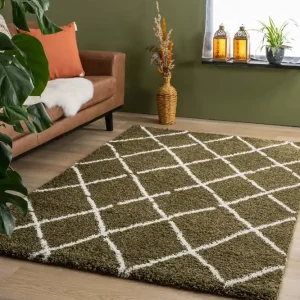 Professioneel Hoogpolig vloerkleed ruiten Artisan – olijfgroen/wit    Black Friday-48%