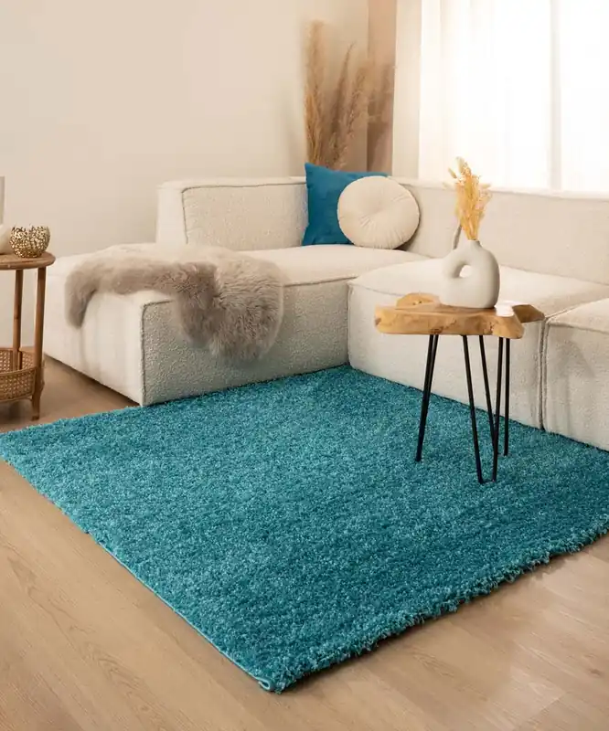 Voordeelprijs Vierkant hoogpolig vloerkleed shaggy Trend effen – turquoise Black Friday-56%