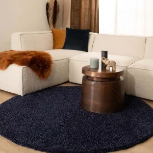 Dagaanbieding Hoogpolig vloerkleed shaggy Trend effen rond – marineblauw    -68%