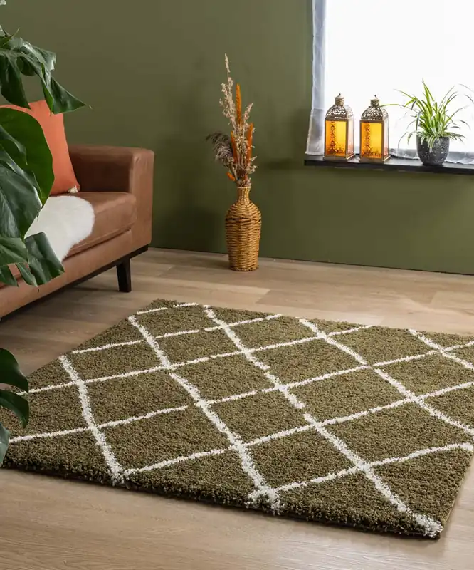 Professioneel Vierkant hoogpolig vloerkleed ruiten Artisan – olijfgroen/wit Black Friday-55%