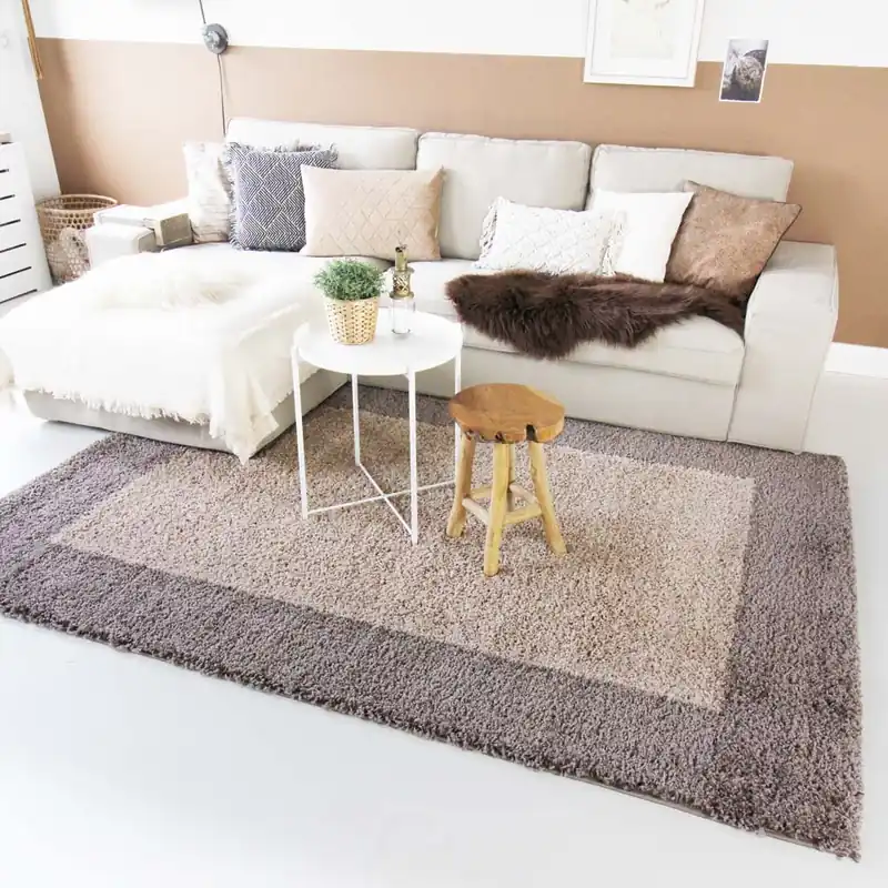 Hoogpolig vloerkleed shaggy Trend lijstmotief – taupe -34% Gereduceerde Prijs