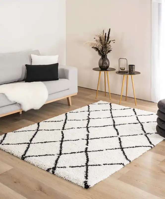 Hoogpolig vloerkleed ruiten Artisan – wit/zwart Black Friday-60% Nieuw