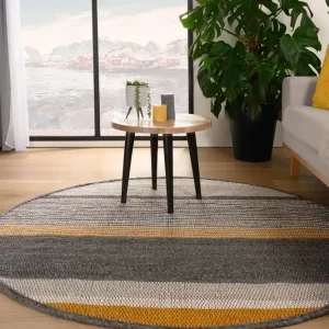 Rond wollen vloerkleed strepen Lett – okergeel/grijs Black Friday-38% Laatste Kans