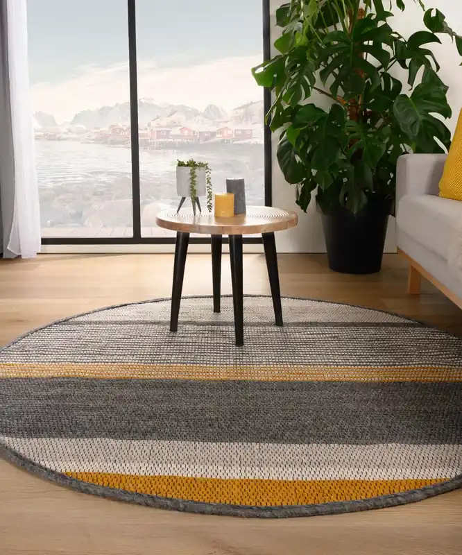 Rond wollen vloerkleed strepen Lett – okergeel/grijs Black Friday-38% Laatste Kans