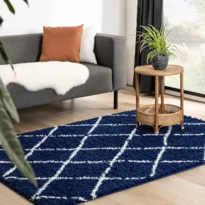 Hoogpolig vloerkleed ruiten Habitat – marineblauw/wit Black Friday-43% Budget