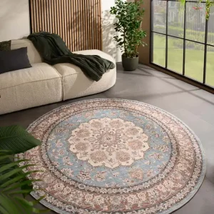 Premium Rond Vintage buitenkleed – Valenca Nova lichtblauw/beige Black Friday-44%