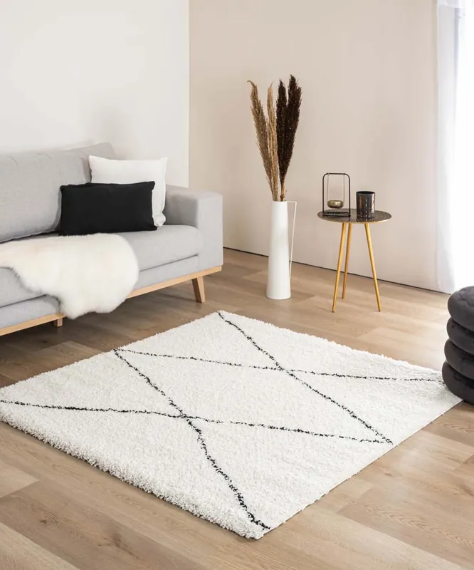 Vierkant hoogpolig vloerkleed ruit Artisan – wit/zwart Black Friday-37% Aanbieding