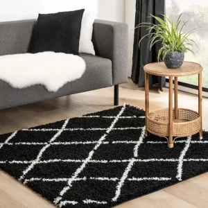 Vierkant hoogpolig vloerkleed ruiten Habitat – zwart/wit    Black Friday-64% Express Levering
