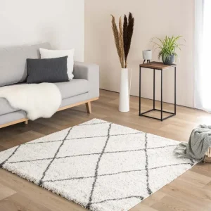 Vierkant hoogpolig vloerkleed geruit Artisan – wit/grijs    Black Friday-52% Exclusief