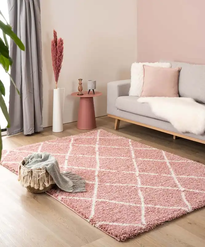 Hoogpolig vloerkleed ruiten Artisan – roze/wit Black Friday-38% Exclusieve Aanbieding