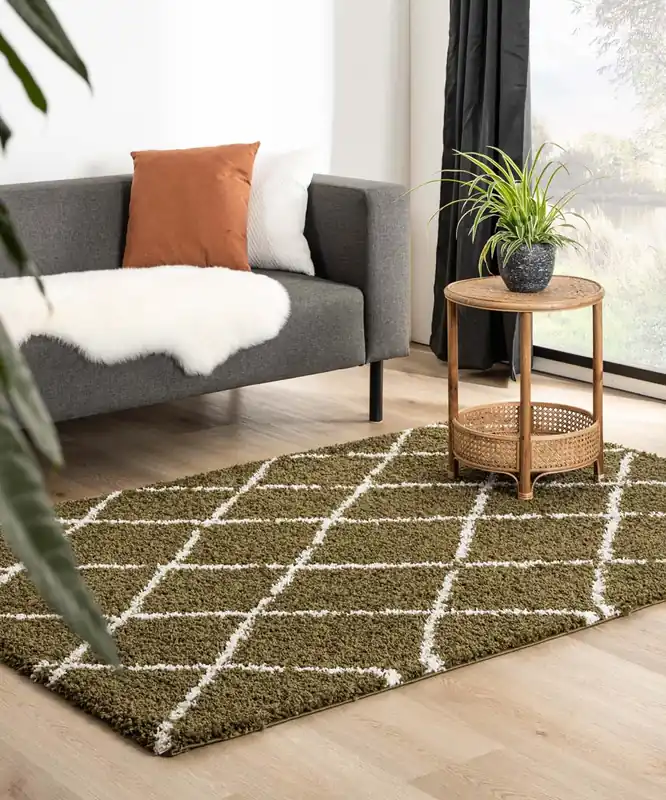Seizoensaanbieding Hoogpolig vloerkleed ruiten Habitat – olijfgroen/wit Black Friday-43%