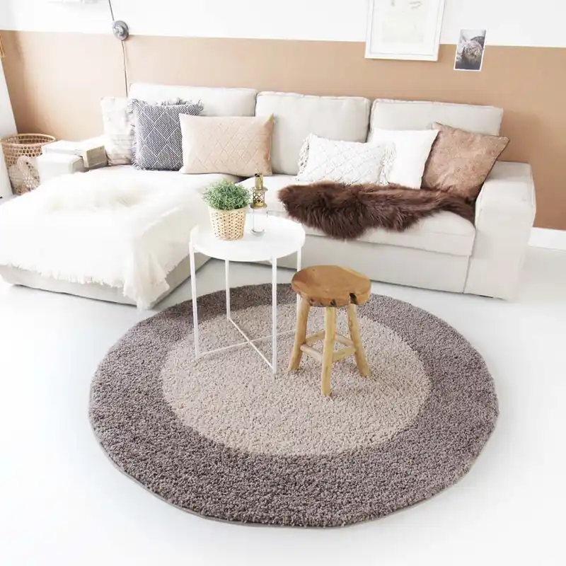 Hoogpolig vloerkleed shaggy Trend lijstmotief rond – taupe -34% Betaalbaar