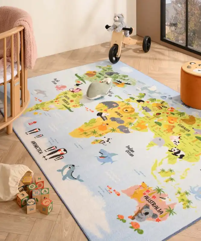 Kindervloerkleed – Joy Wereldkaart dieren blauw Black Friday-41% Uitverkoop