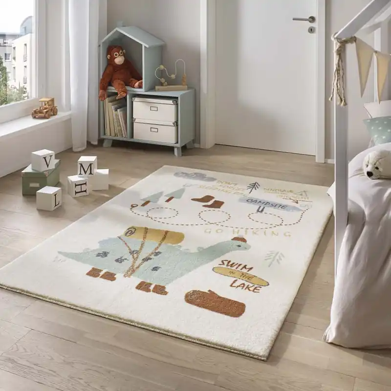 In De Mode Zacht vloerkleed kinderkamer – Dino Camping crème/multi Black Friday-31%