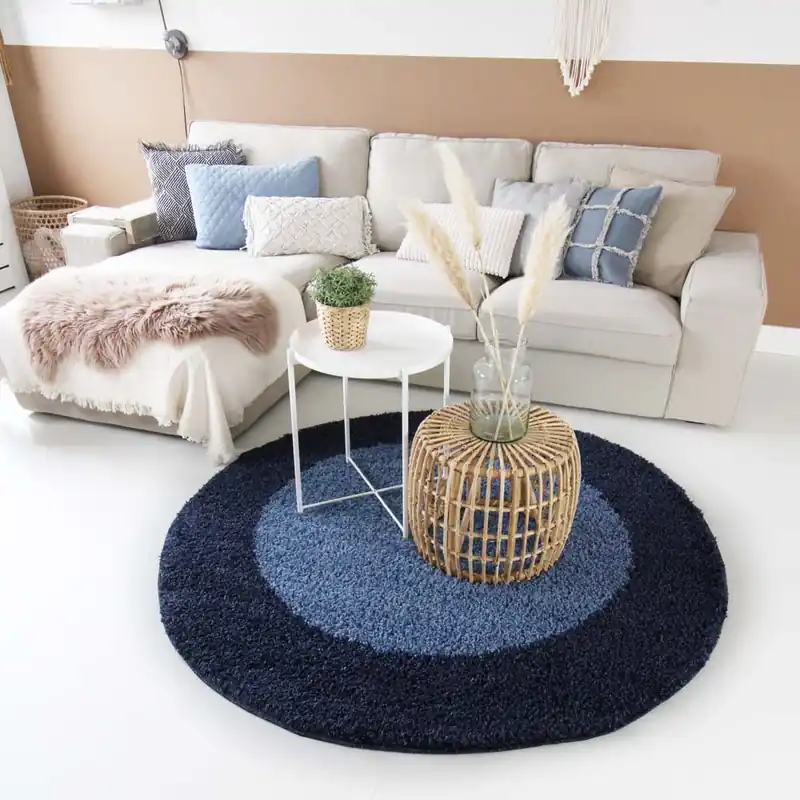 Nieuw Model Hoogpolig vloerkleed shaggy Trend lijstmotief rond – blauw -34%