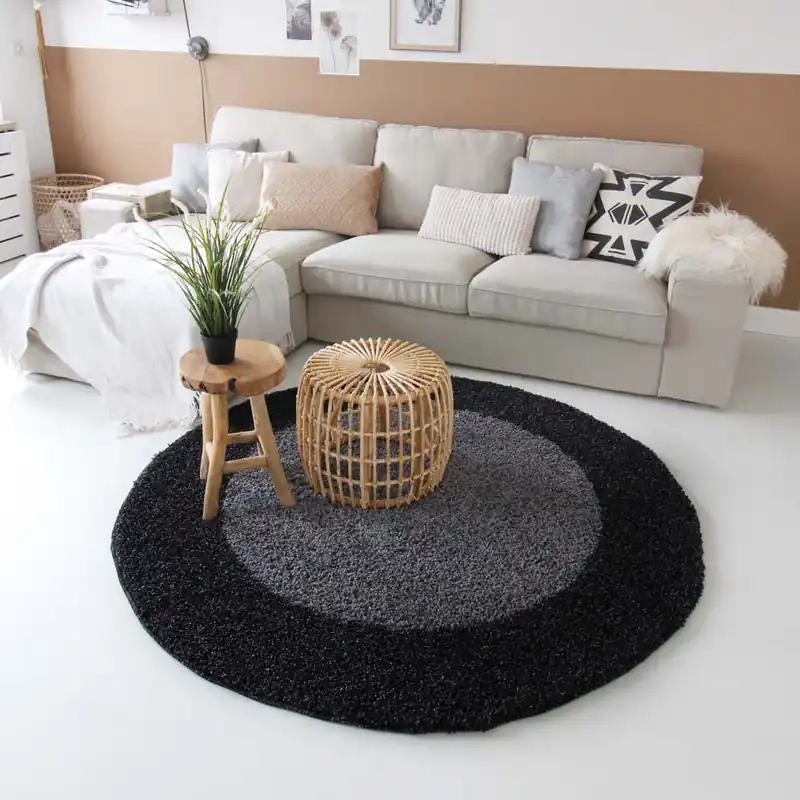 Speciale Aanbieding Hoogpolig vloerkleed shaggy Trend lijstmotief rond – antraciet -34%